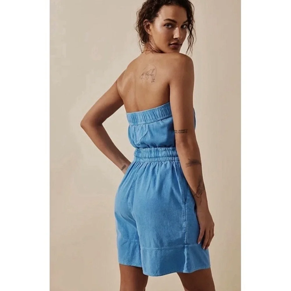 Free People Beach Strapless Akoi Romper Size Small Light Blue Color